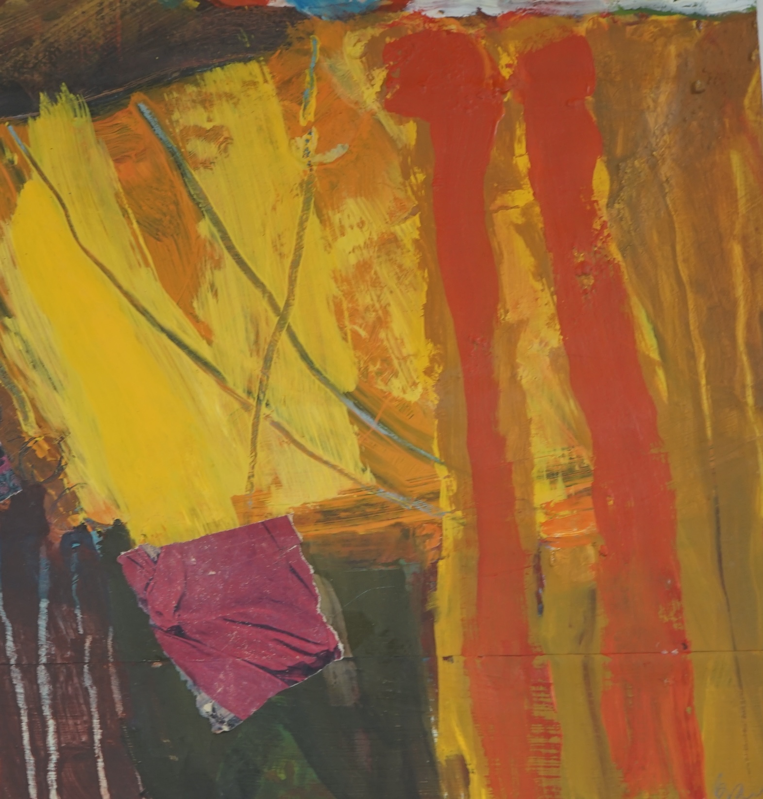 Two abstract compositions comprising Gustavo Silva, charcoal and Jill Ray, oil and mixed media, ‘Bruce's Field’, each signed, largest 38 x 33cm. Condition - fair to good